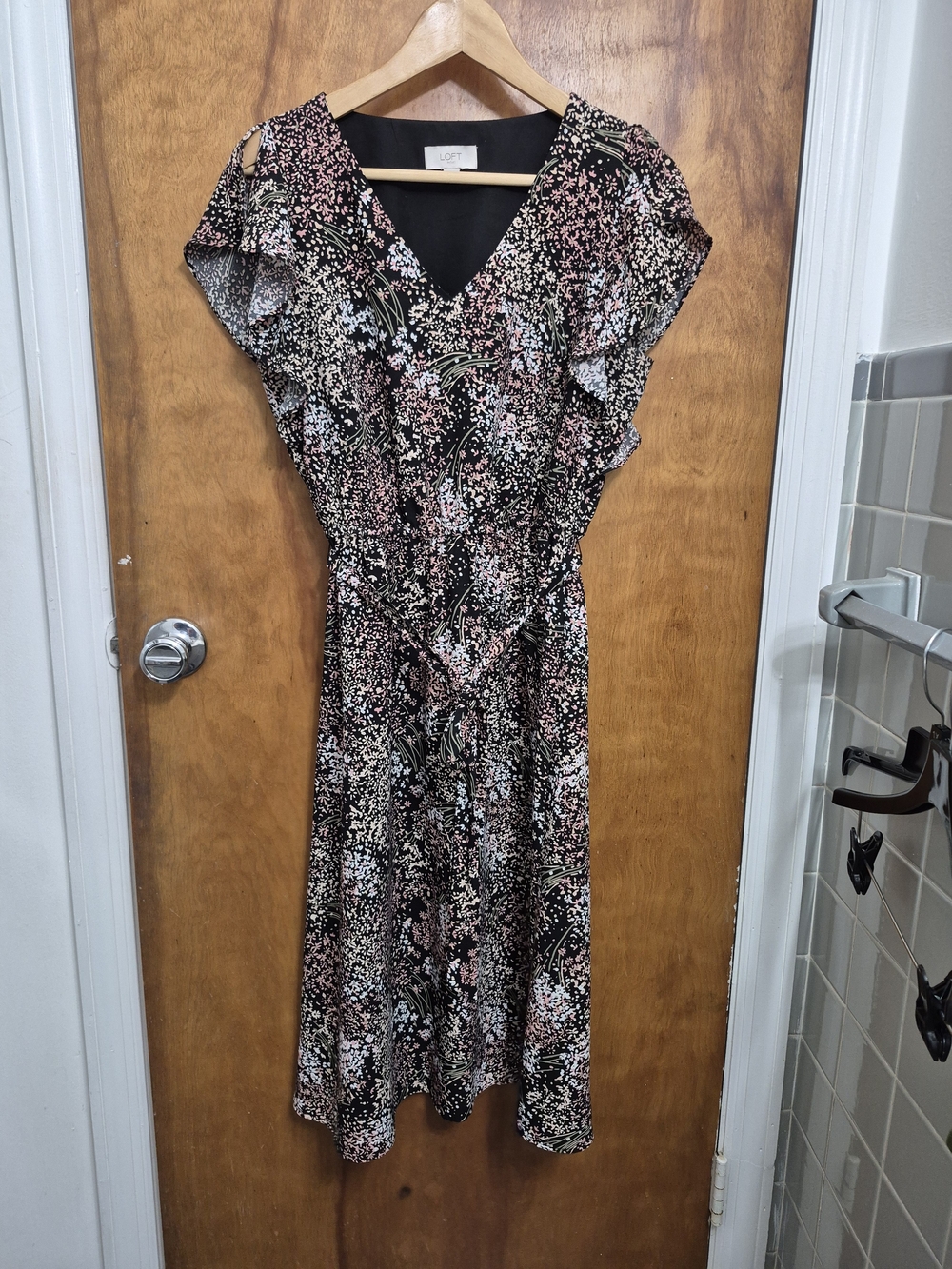 LOFT Black Floral Ruffle Midi Dress with Pink and White Accents